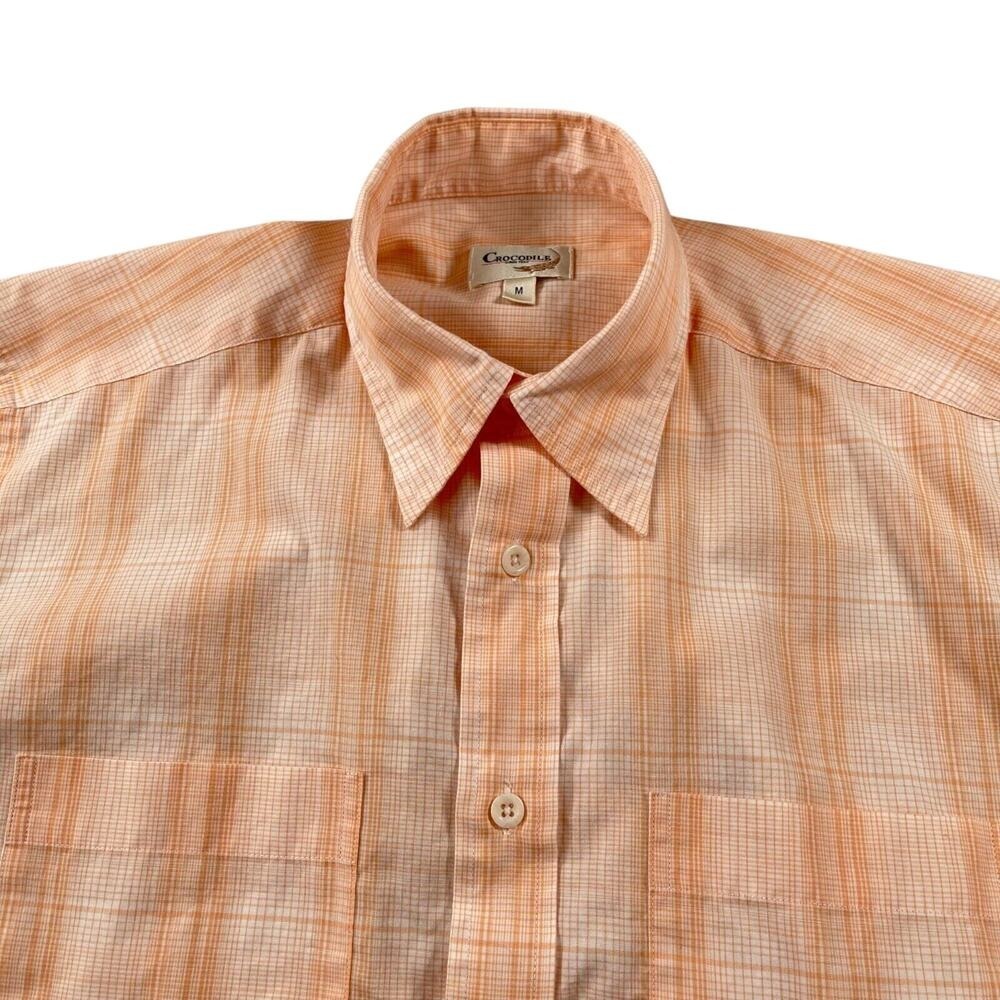 Crocodile Shirt Men Medium Orange Plaid Lightweight Cotton Blend Hong Kong Brand